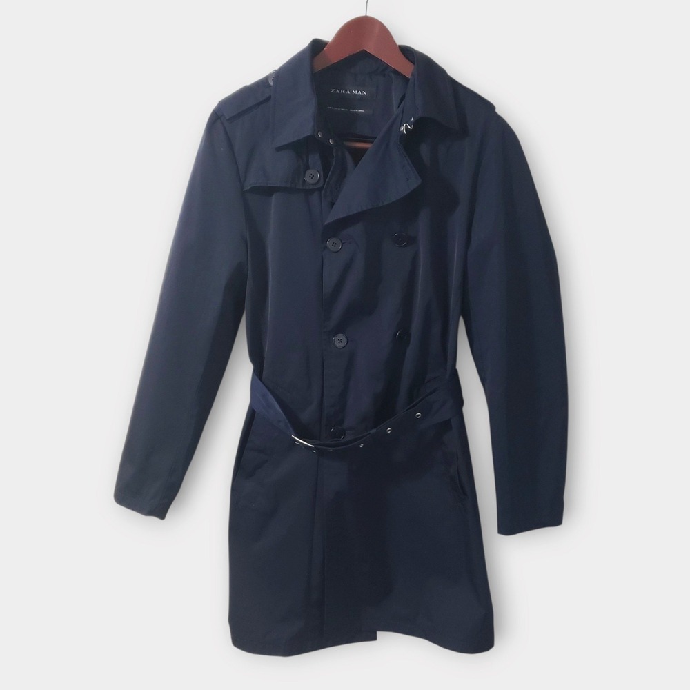 Zara Man Navy Blue Double Breasted Belted Trench Coat Jacket Size Medium